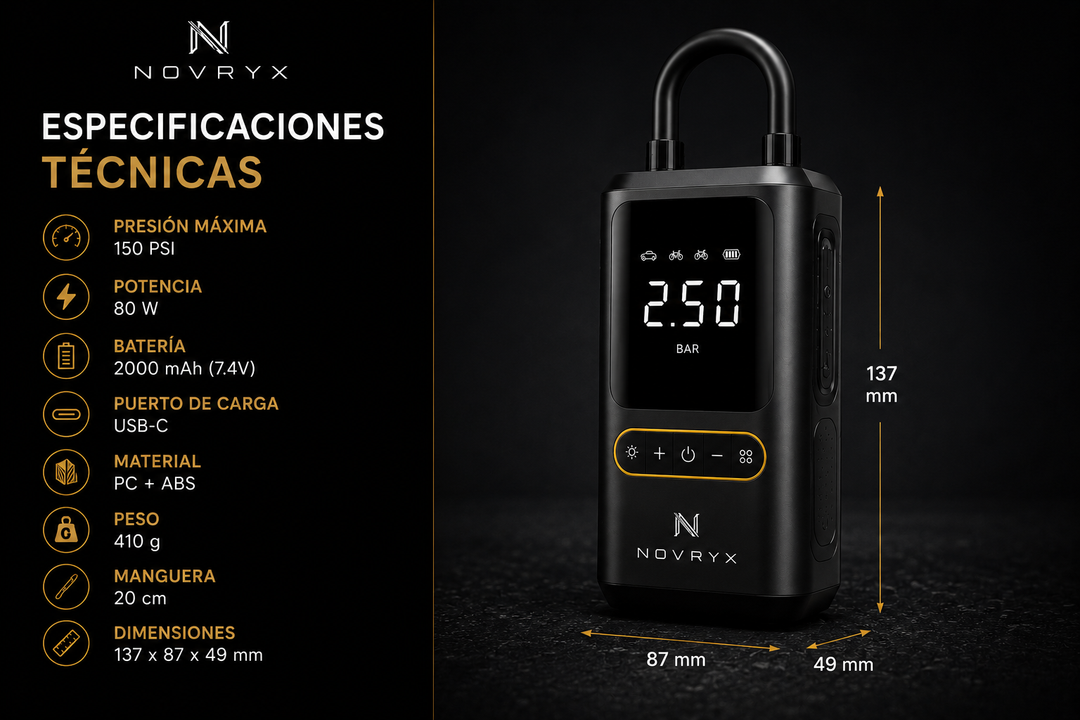 NOVRYX AIR ONE™ | Compresor Inteligente Portátil 150 PSI