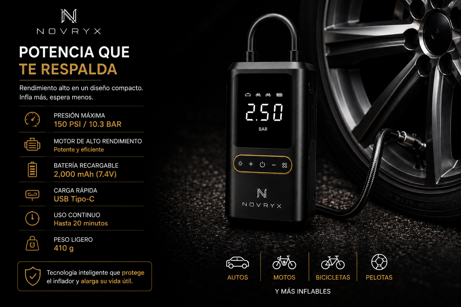 NOVRYX AIR ONE™ | Compresor Inteligente Portátil 150 PSI
