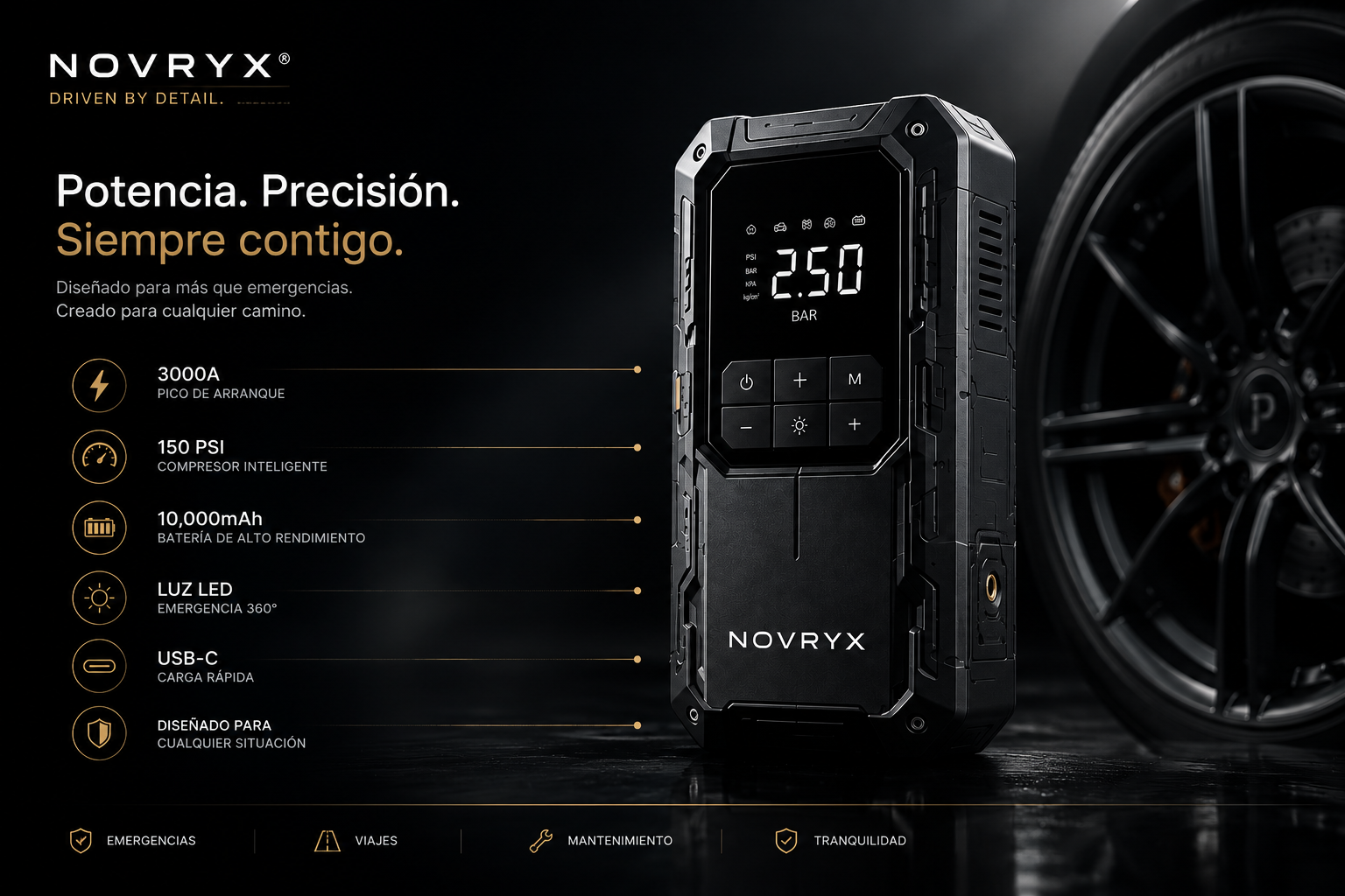 NOVRYX AIR PRO™ | Arrancador Inteligente y Compresor de Aire Portátil 2 en 1 (150 PSI)