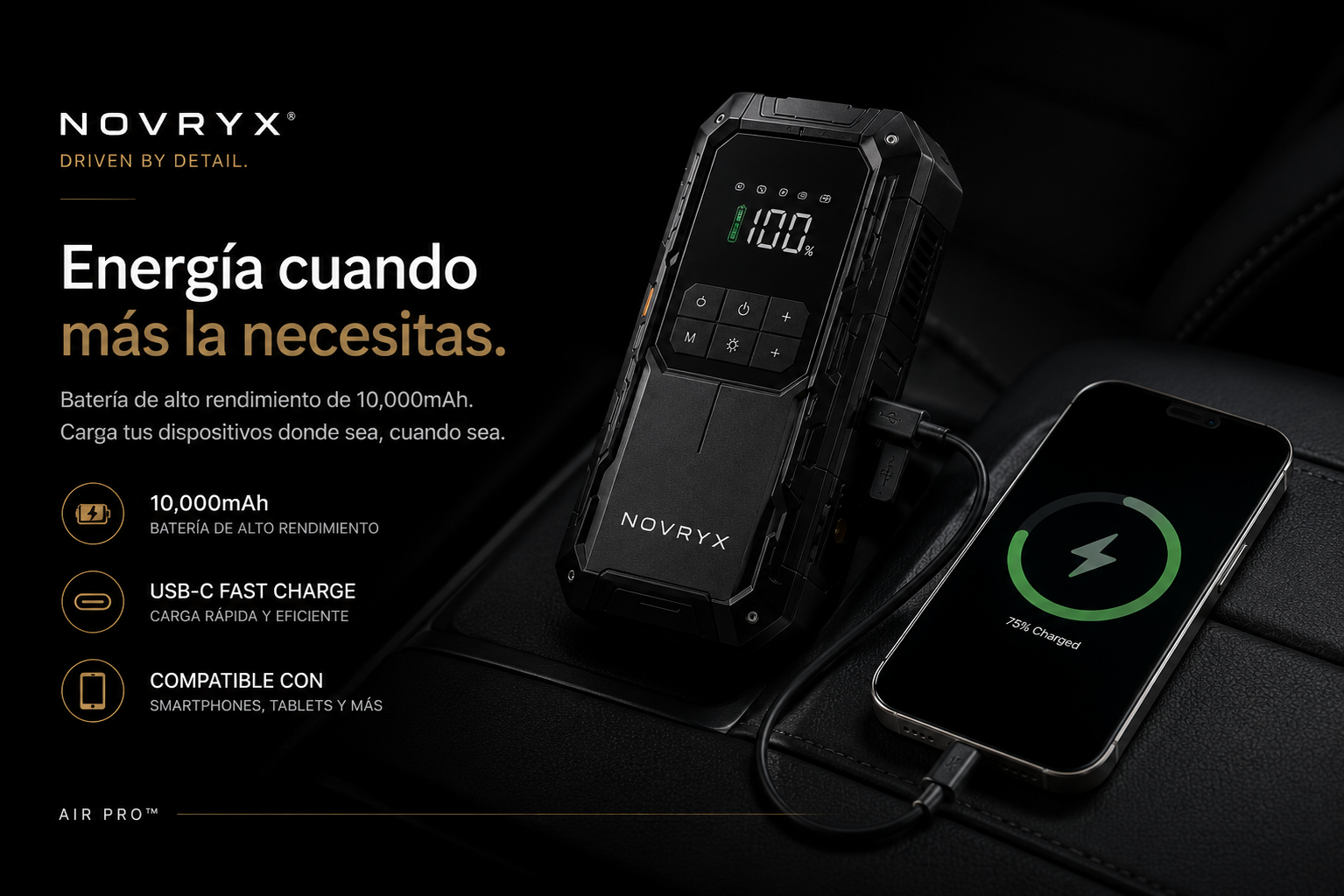 NOVRYX AIR PRO™ | Arrancador Inteligente y Compresor de Aire Portátil 2 en 1 (150 PSI)