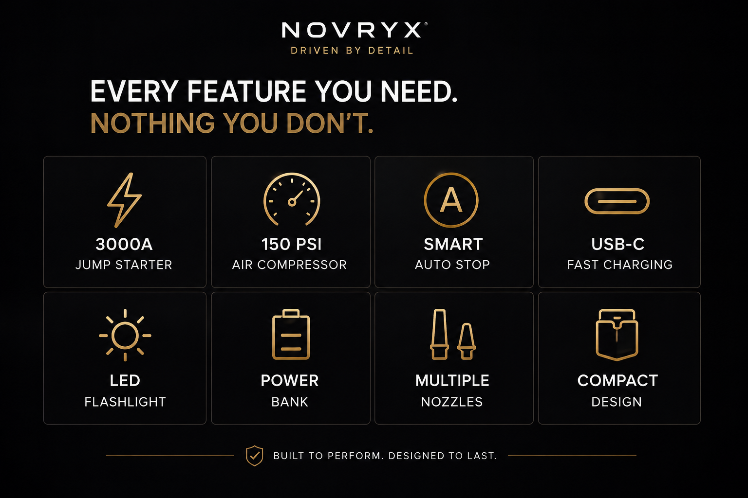 NOVRYX AIR PRO™ | Arrancador Inteligente y Compresor de Aire Portátil 2 en 1 (150 PSI)